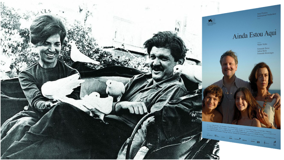 Αριστερά: H Εουνίσε και ο Ρούμπενς Παΐβα το 1964. Δεξιά: Η αφίσα της ταινίας «Είμαι Ακόμη Εδώ»